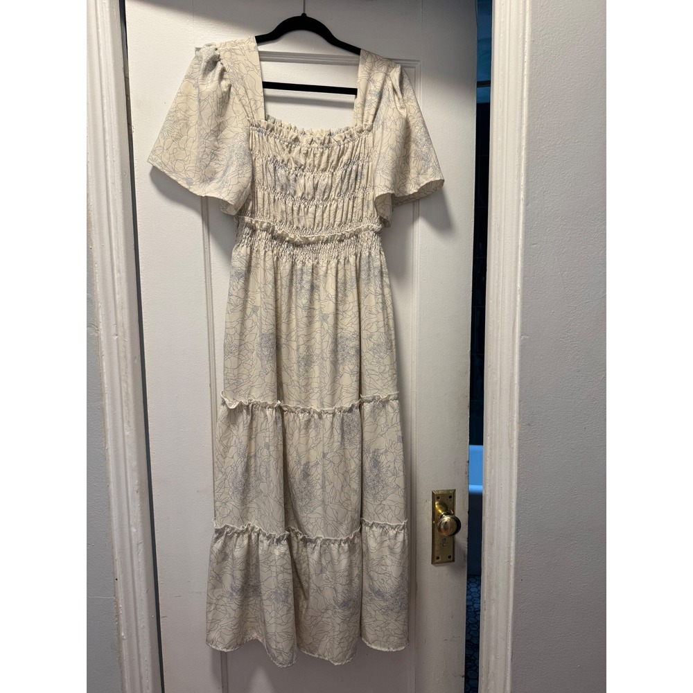 Sapphire Womens Floral Smocked Tiered Midi Dress Cream Blue Short‎ Sleeve Small